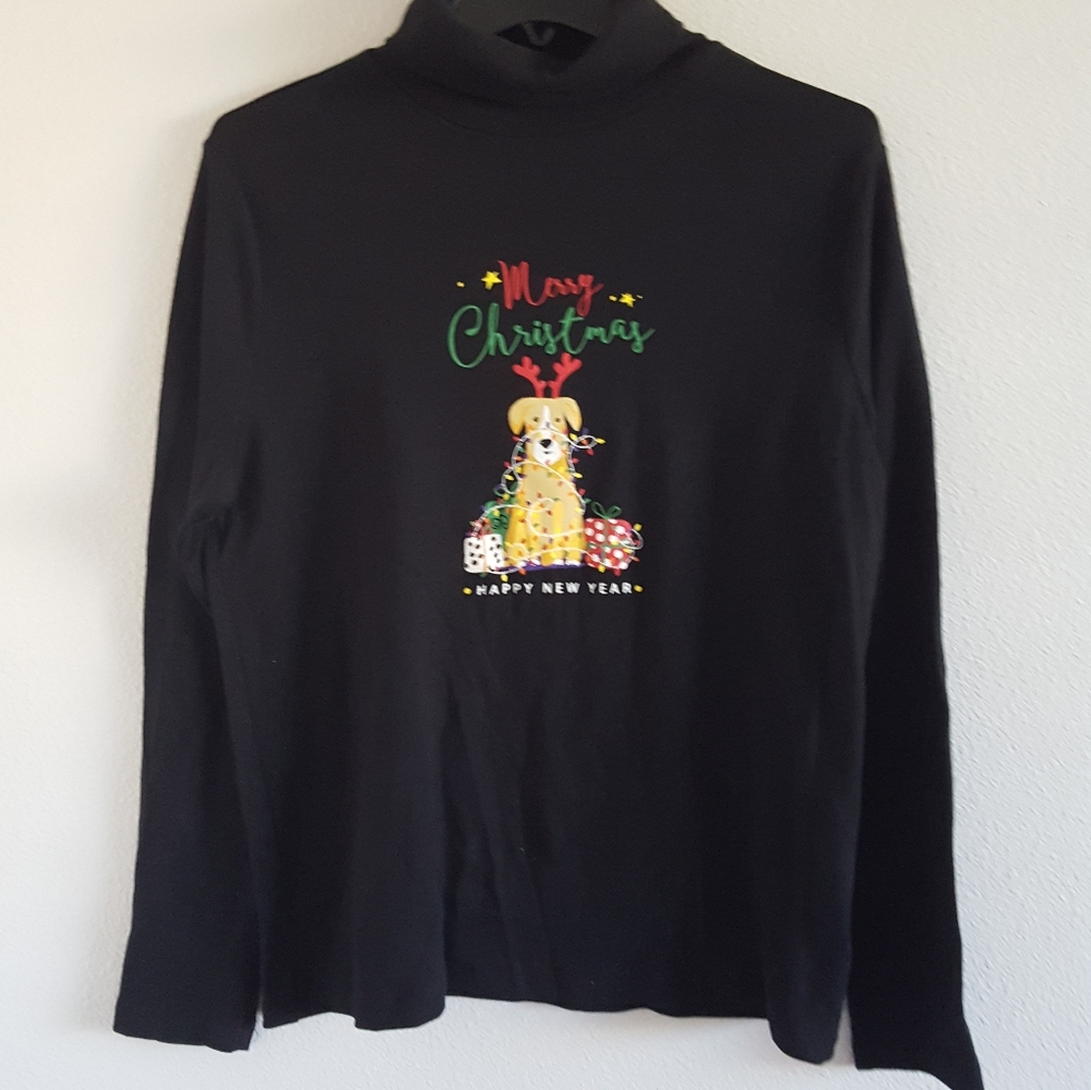 Merry Christmas Happy New Year Black Turtleneck